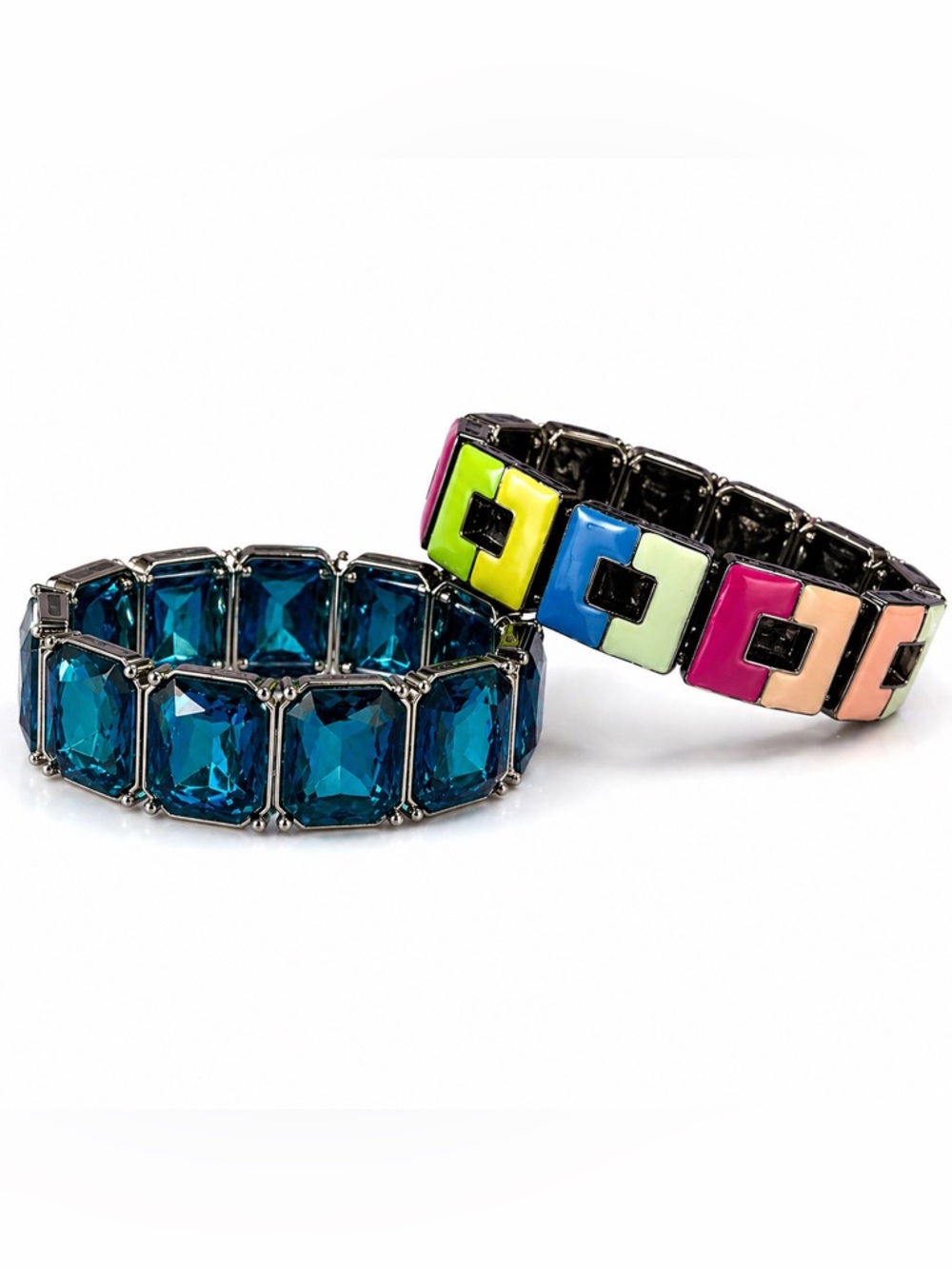 Y2K Rhinestone and Colorful Enamel Link Stretch Bracelet Set- Lot of 2 - Picture 1 of 4